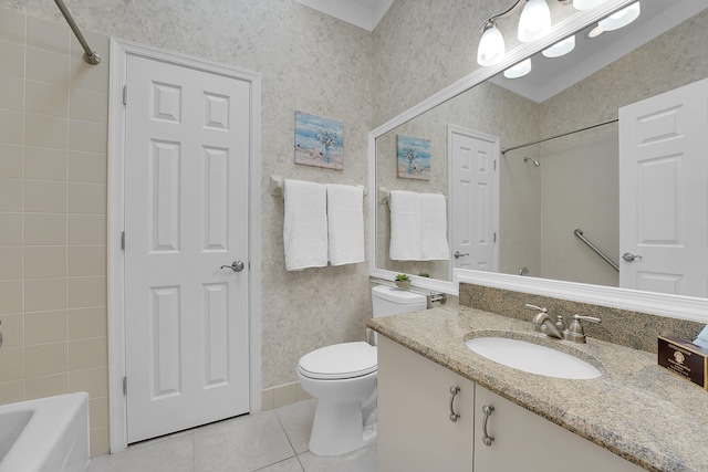 full bathroom with tiled shower / bath combo, vanity, tile patterned flooring, and toilet