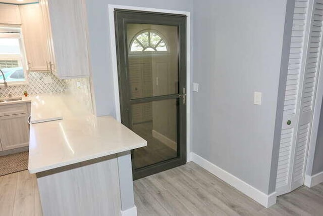 interior space featuring light brown cabinetry, light hardwood / wood-style flooring, plenty of natural light, and sink