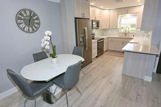 kitchen with stainless steel appliances, sink, decorative backsplash, and light hardwood / wood-style flooring