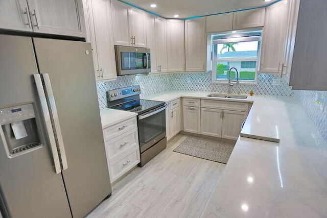 kitchen with light wood-type flooring, appliances with stainless steel finishes, tasteful backsplash, and sink