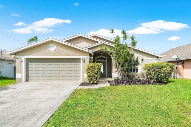 single story home featuring a garage and a front yard