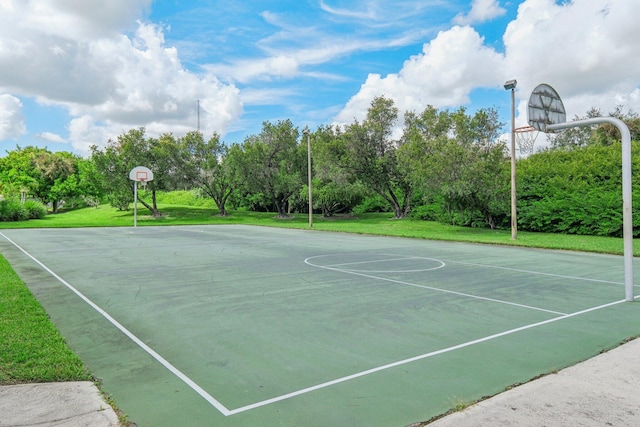 view of basketball court with a lawn