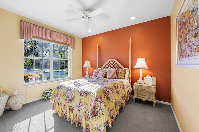 carpeted bedroom featuring ceiling fan