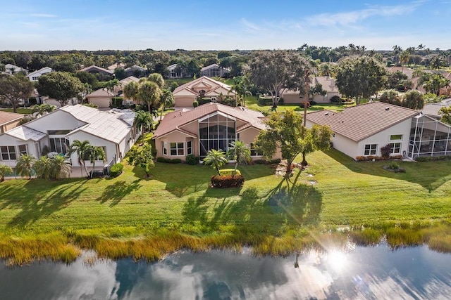 drone / aerial view featuring a water view