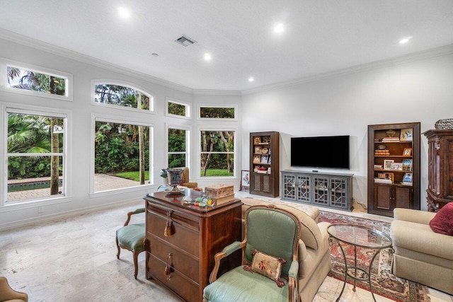 414 NW 13th St, Delray Beach, FL 33444 - living room with ornamental molding, recessed lighting, and baseboards