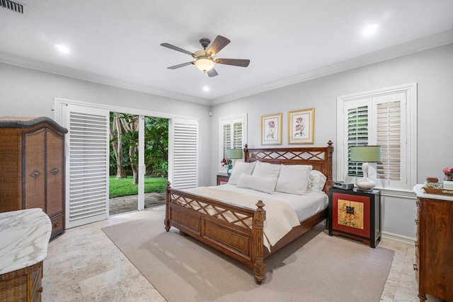 414 NW 13th St, Delray Beach, FL 33444 - bedroom featuring access to outside, ornamental molding, a ceiling fan, and recessed lighting