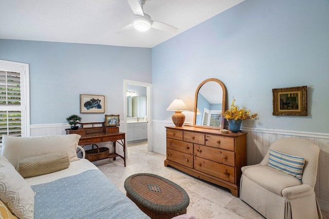 414 NW 13th St, Delray Beach, FL 33444 - sitting room with a wainscoted wall, vaulted ceiling, and ceiling fan