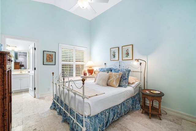 414 NW 13th St, Delray Beach, FL 33444 - bedroom featuring a high ceiling, baseboards, ensuite bathroom, and a ceiling fan