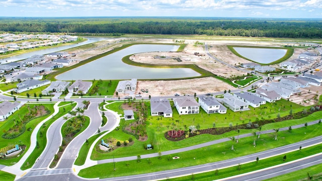 bird's eye view with a water view