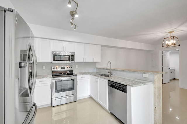 kitchen with tasteful backsplash, sink, white cabinets, kitchen peninsula, and stainless steel appliances