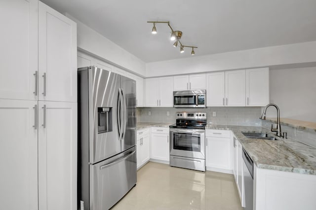 kitchen featuring white cabinets, appliances with stainless steel finishes, sink, and tasteful backsplash