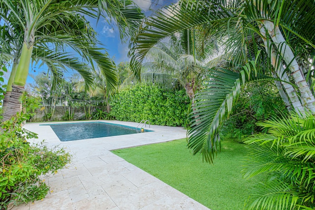 view of swimming pool featuring a lawn and a patio area