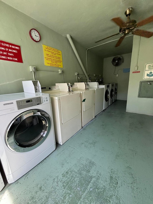 laundry room with washer and dryer and ceiling fan