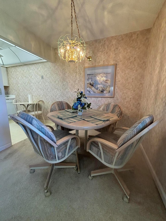 unfurnished dining area featuring carpet flooring and a notable chandelier