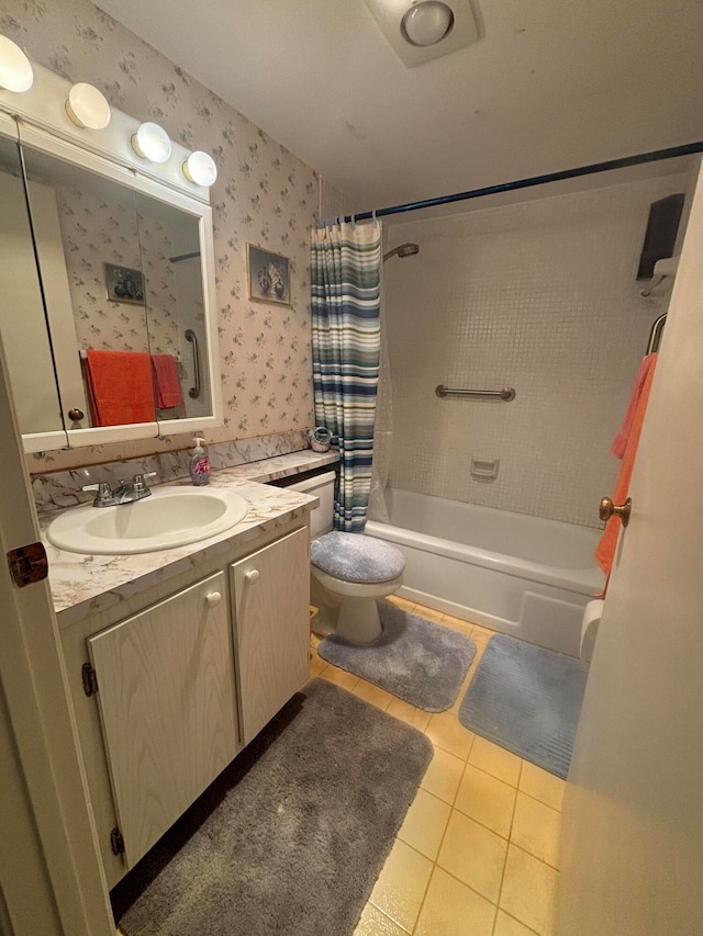 full bathroom with vanity, shower / tub combo, toilet, and tile patterned flooring