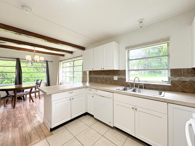 kitchen featuring white cabinets, dishwasher, beam ceiling, light hardwood / wood-style flooring, and sink