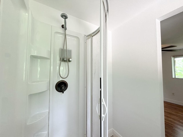 interior space with wood-type flooring, ceiling fan, and a shower