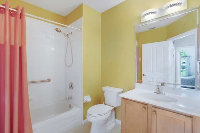 full bathroom with tile patterned flooring, vanity, toilet, and shower / bathtub combination with curtain