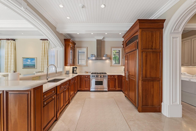 kitchen featuring ornamental molding, sink, high end appliances, kitchen peninsula, and wall chimney exhaust hood