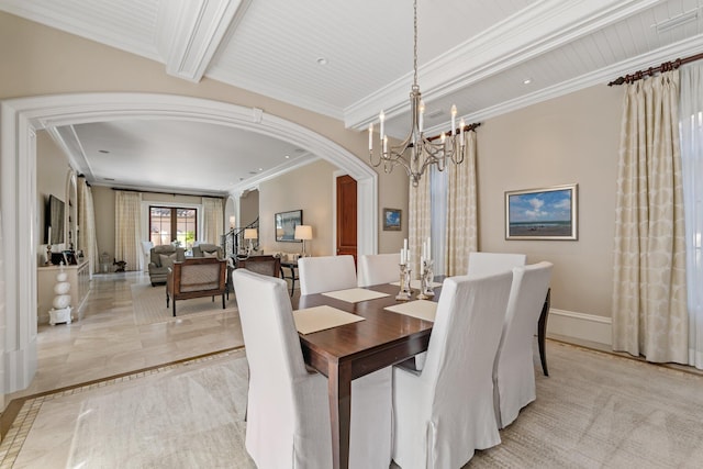 dining space featuring an inviting chandelier, beamed ceiling, crown molding, and wooden ceiling