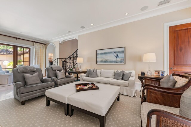 living room featuring ornamental molding