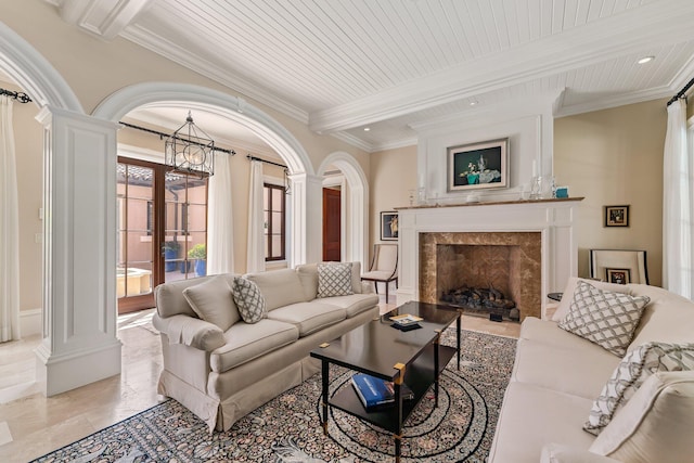 living room featuring wood ceiling, beam ceiling, a premium fireplace, and crown molding