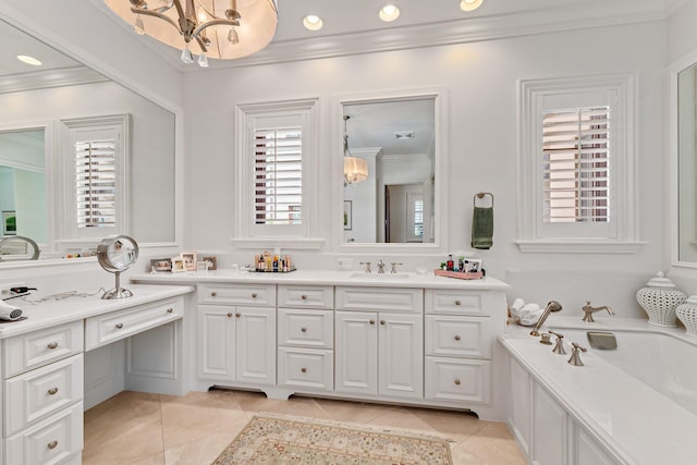 bathroom featuring crown molding, tile patterned flooring, vanity, and an inviting chandelier