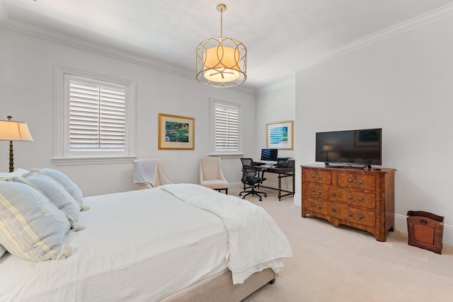 bedroom with multiple windows, crown molding, and carpet flooring