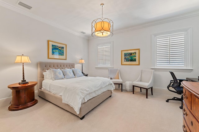 bedroom featuring crown molding and light colored carpet