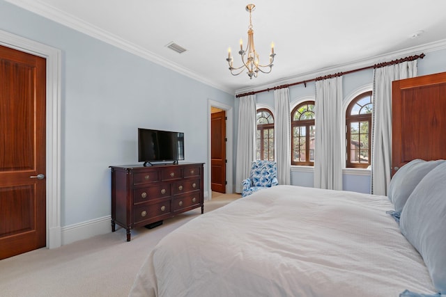 carpeted bedroom featuring an inviting chandelier and crown molding