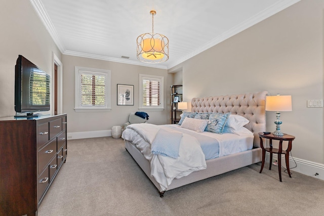 carpeted bedroom featuring crown molding