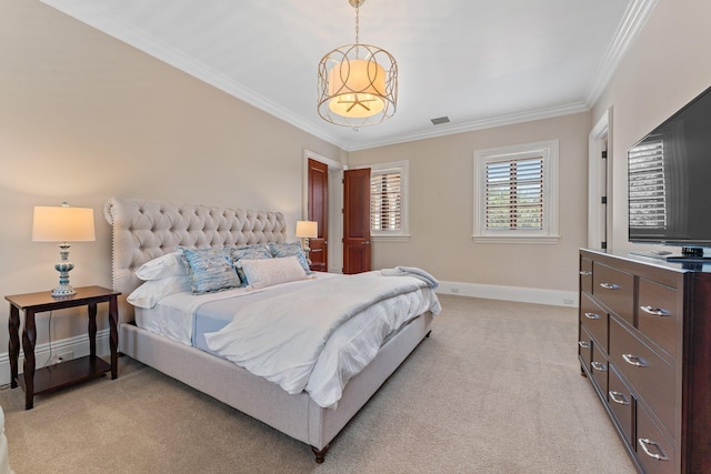 carpeted bedroom with crown molding