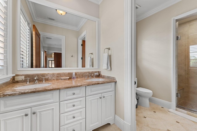 bathroom featuring vanity, tile patterned flooring, ornamental molding, a shower with shower door, and toilet