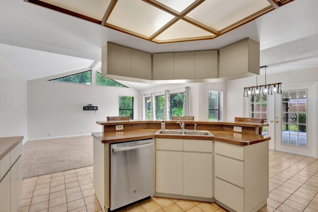 kitchen featuring stainless steel dishwasher, sink, light carpet, and an island with sink