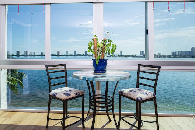 bar featuring hardwood / wood-style floors and a water view