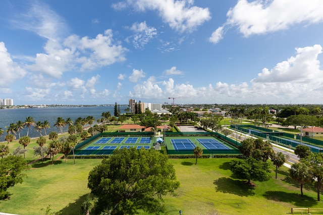 bird's eye view with a water view