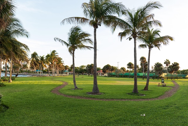 surrounding community featuring a lawn and a water view