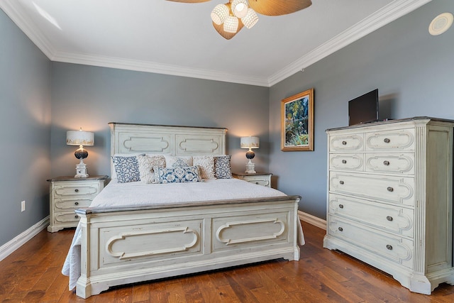 bedroom with baseboards, dark wood finished floors, and ornamental molding