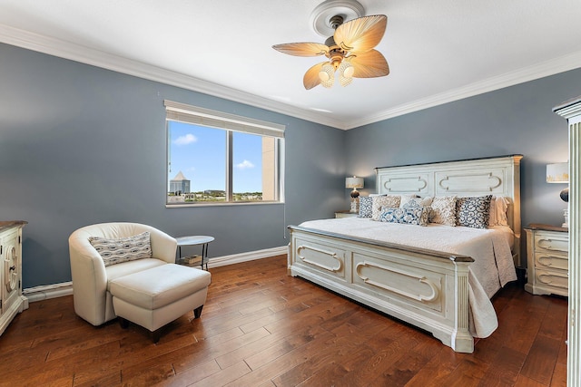 bedroom with baseboards, dark wood-type flooring, ceiling fan, and crown molding