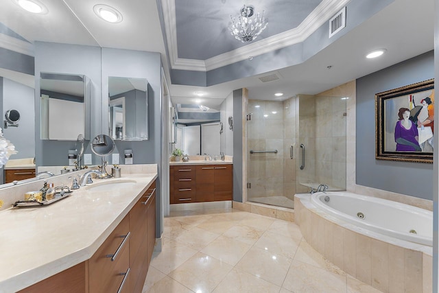 bathroom with visible vents, a stall shower, a tub with jets, crown molding, and vanity