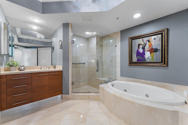 full bathroom with visible vents, a jetted tub, recessed lighting, a shower stall, and vanity