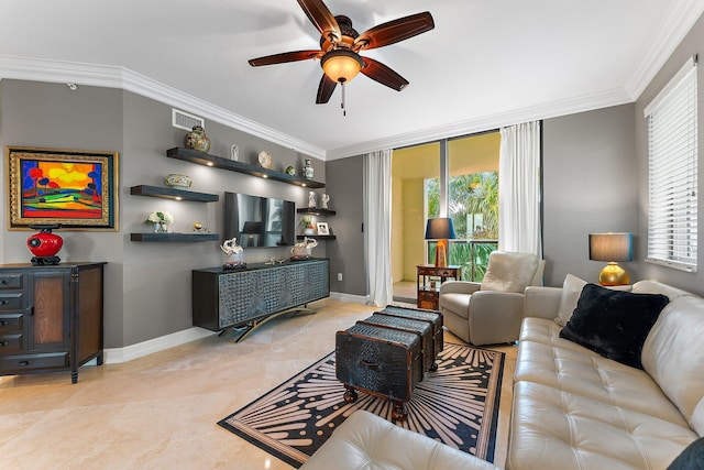 living area featuring a ceiling fan, crown molding, baseboards, and visible vents