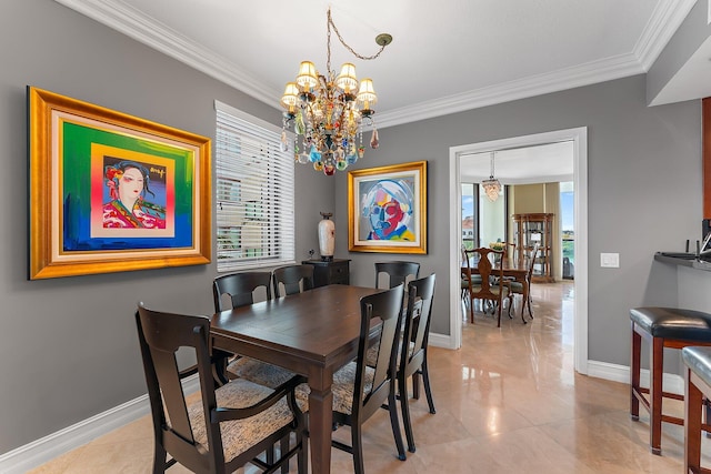 dining area featuring crown molding, a notable chandelier, and a wealth of natural light