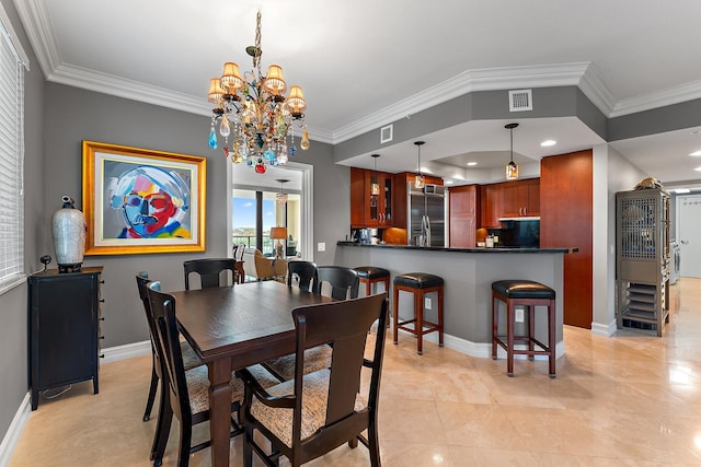 dining space featuring a chandelier, visible vents, baseboards, and ornamental molding