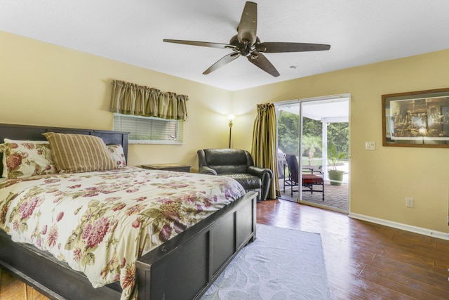 bedroom featuring access to outside, dark hardwood / wood-style flooring, and ceiling fan