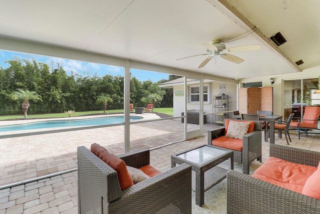 interior space featuring ceiling fan