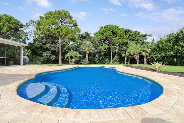 view of pool featuring a sunroom and a patio