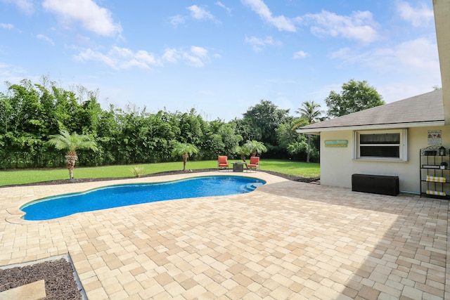 view of pool featuring a lawn and a patio area