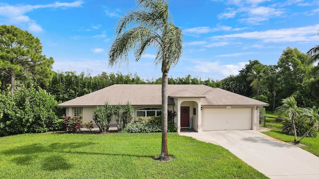 single story home with a front lawn and a garage