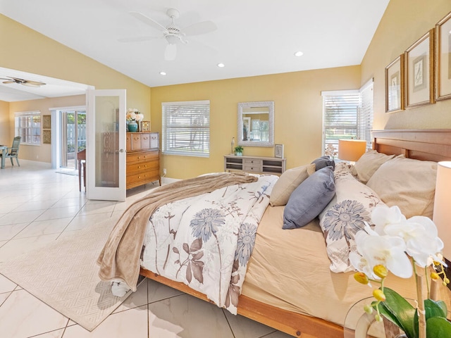 bedroom with lofted ceiling and ceiling fan